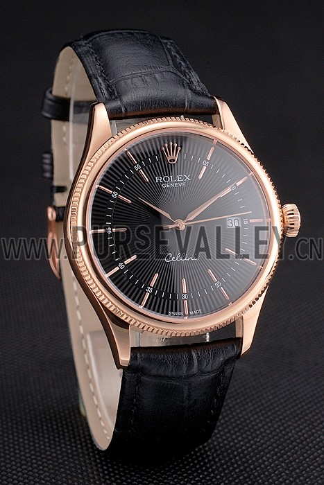 Swiss Rolex Cellini Date Black Dial Rose Gold Markings Rose Gold Case Black Leather Strap