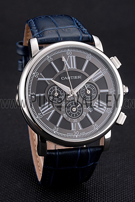 Cartier Rotonde Chronograph Black Dial Stainless Steel Case Blue Leather Strap