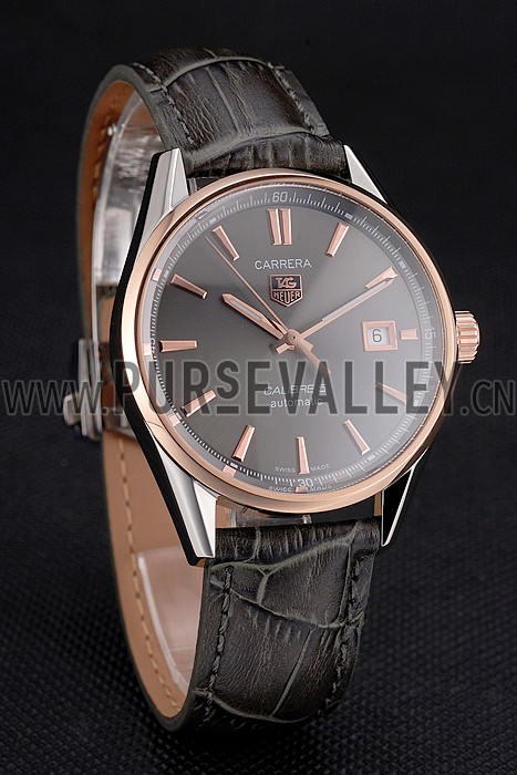 Swiss Tag Heuer Carrera Calibre 5 Gray Dial Rose Gold Case Black Leather Strap