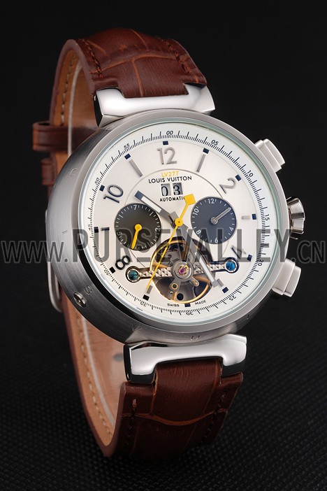 Louis Vuitton Tambour LV277 Tourbillon White Dial Stainless Steel Case Brown Leather Strap