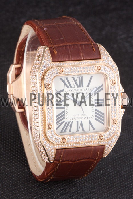 Swiss Cartier Santos Rose Gold Bezel with Diamonds and Brown Leather Strap sct46 621530