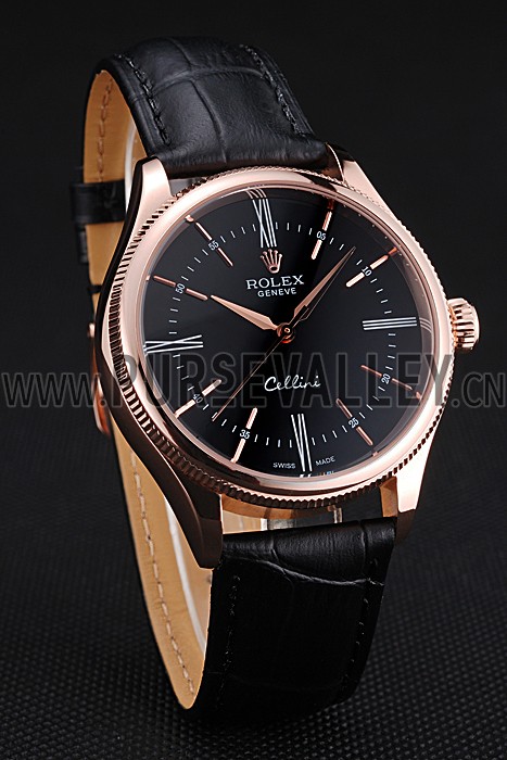 Rolex Cellini Black Dial Pink Gold Case Black Leather Strap 622842
