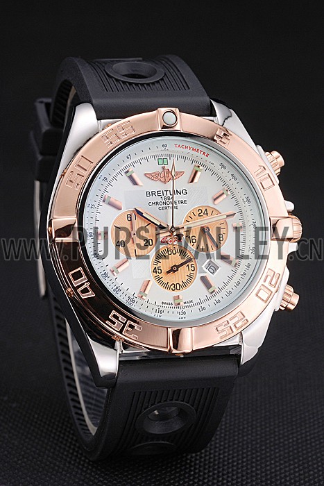 Breitling Chronomat White Dial Rose Gold Bezel And Subdials Stainless Steel Case Black Rubber Strap