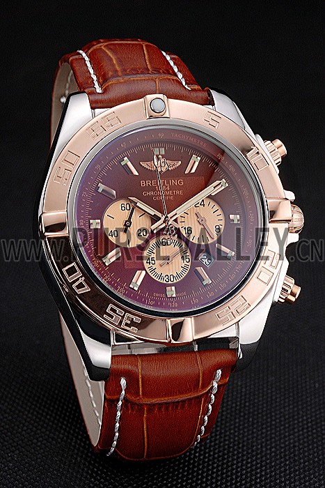Breitling Chronomat Brown Dial Rose Gold Bezel And Subdials Stainless Steel Case Brown Leather Strap