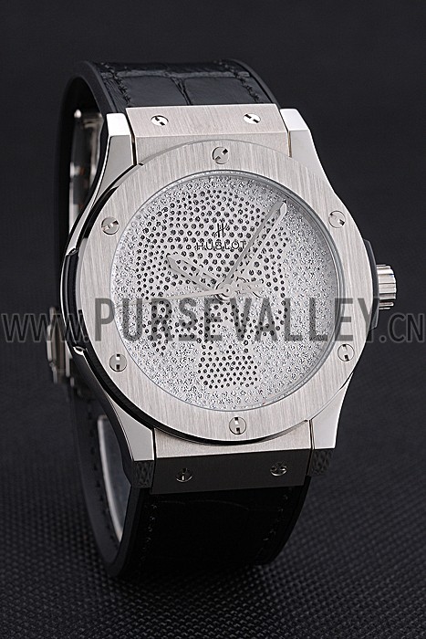 Hublot Classic Fusion Diamond Skull Dial Stainless Steel Case Black Leather Strap 622814