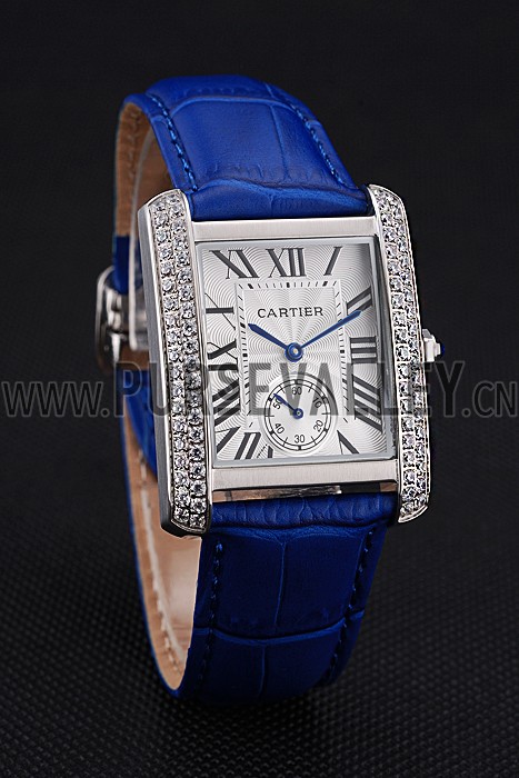 Cartier Tank MC Stainless Steel Diamond Case White Dial Blue Leather Strap 622172