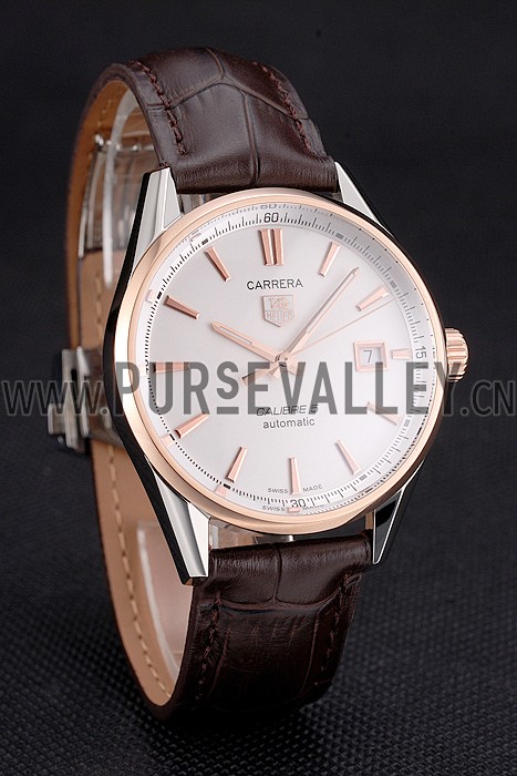 Swiss Tag Heuer Carrera Calibre 5 White Dial Rose Gold Case Brown Leather Strap