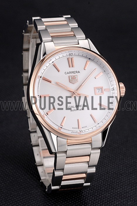 Swiss Tag Heuer Carrera Calibre 5 White Dial Rose Gold Case Two Tone Bracelet
