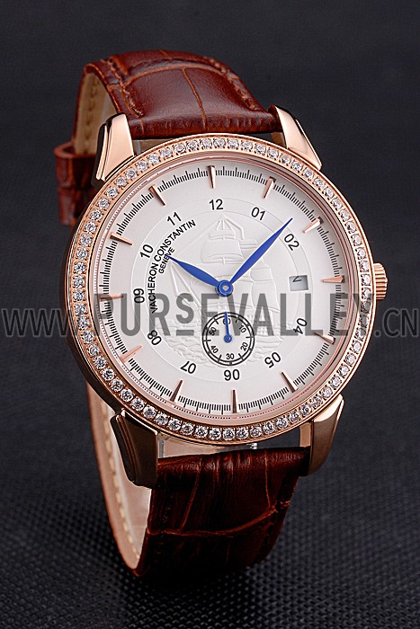 Vacheron Constantin Traditionnelle White Ship Dial Rose Gold Case With Diamonds Brown Leather Strap