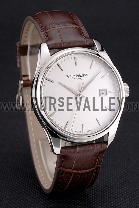Swiss Patek Philippe Calatrava White Dial Stainless Steel Case Brown Leather Strap