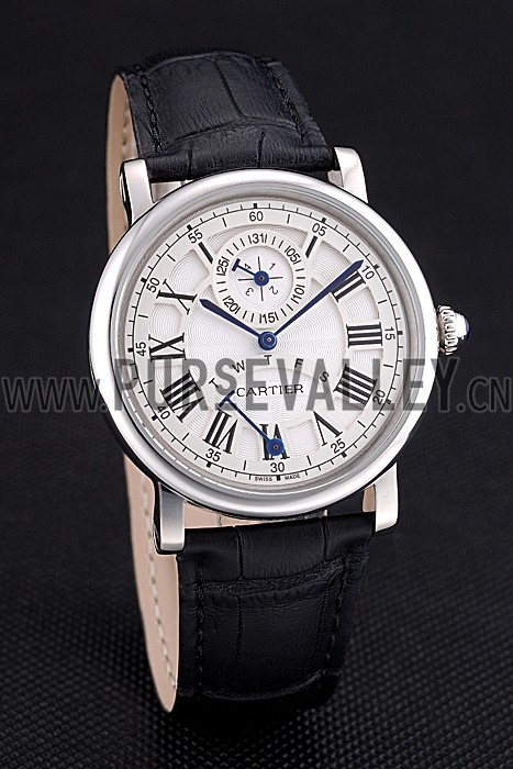 Cartier Rotonde White Dial Stainless Steel Case Black Leather Strap 622757