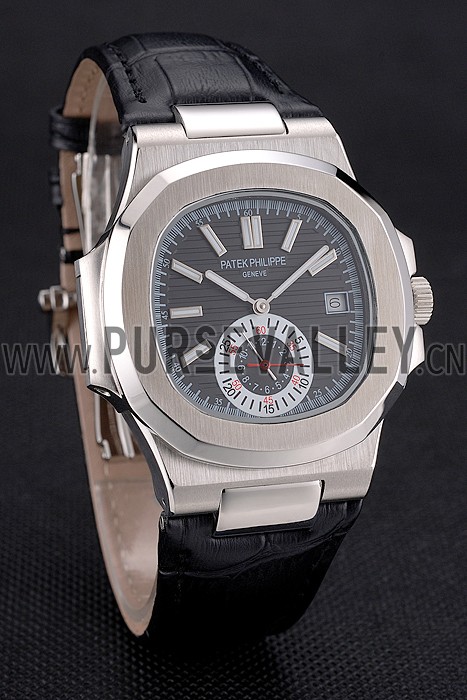 Patek Philippe Nautilus Black Dial Stainless Steel Case Black Leather Strap