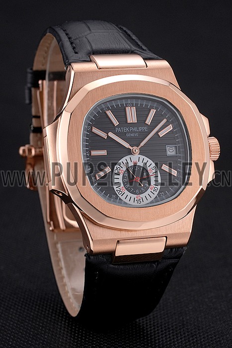 Patek Philippe Nautilus Black Dial Rose Gold Case Black Leather Strap
