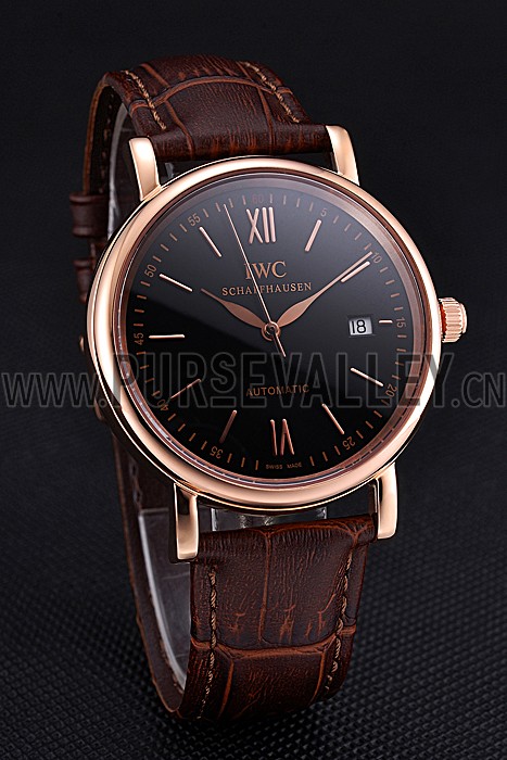 Swiss IWC Portofino Gold Case Black Dial Brown Leather Bracelet 622669