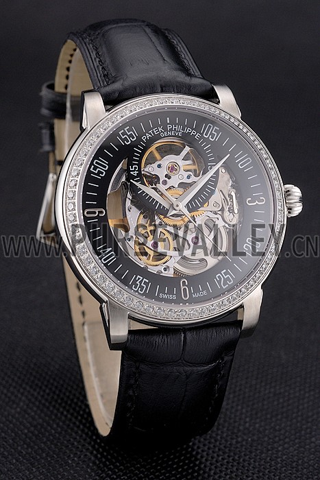 Swiss Patek Philippe Complications Openworked Dial Stainless Steel Case Diamond Bezel Black Leather Strap