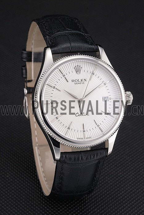Swiss Rolex Cellini Date White Dial Stainless Steel Case Black Leather Strap
