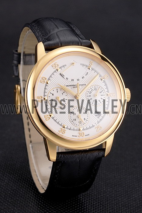 Swiss Vacheron Constantin Traditionnelle Power Reserve White Dial Gold Case Black Leather Strap