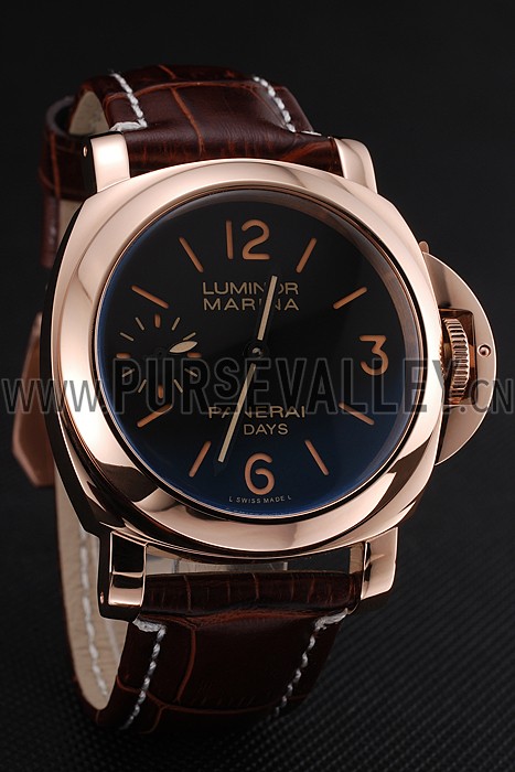 Panerai Luminor Marina 8 Days Black Dial Rose Gold Case Brown Leather Strap