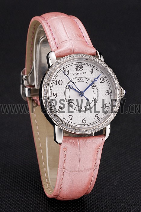 Cartier Ronde White Dial Diamond Bezel Stainless Steel Case Pink Leather Strap