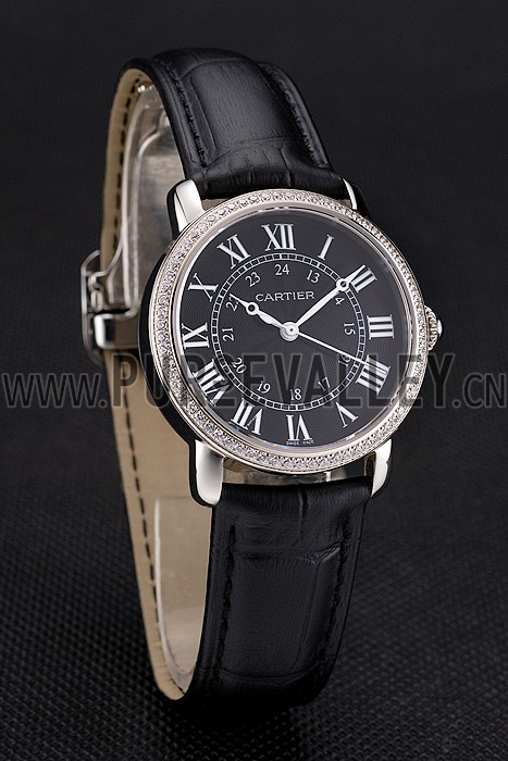Cartier Ronde Black Dial Diamond Bezel Stainless Steel Case Black Leather Strap