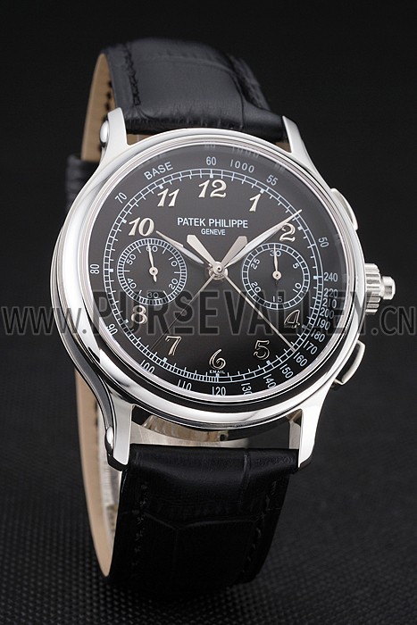 Swiss Patek Philippe Split Seconds Chronograph Black Dial Stainless Steel Case Black Leather Strap