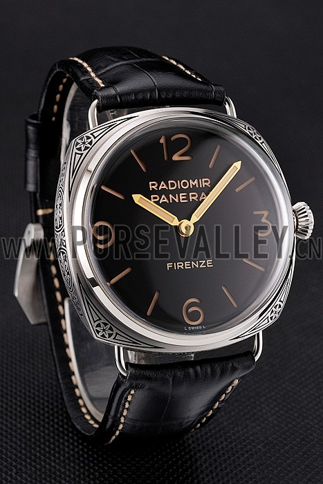 Panerai Radiomir Firenze 3 Days Acciaio PAM604 Black Dial Engraved Stainless Stell Case Black Leather Strap