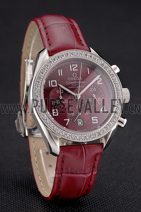 Omega Speedmaster Burgundy Dial Stainless Steel Case Diamond Bezel Burgundy Leather Strap
