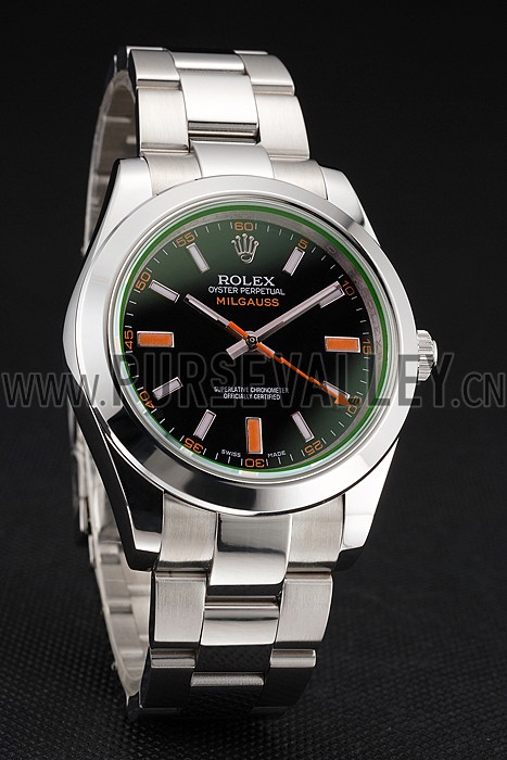 Swiss Rolex Milgauss Black Dial Orange Markings Stainless Steel Case And Bracelet
