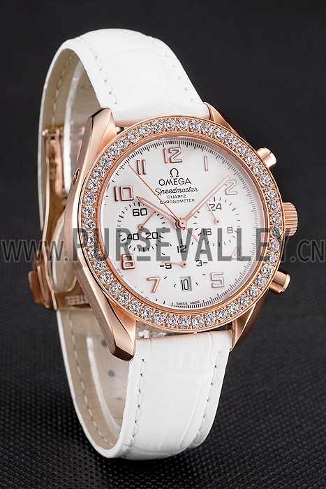 Omega Speedmaster White Dial Rose Gold Case Diamond Bezel White Leather Strap