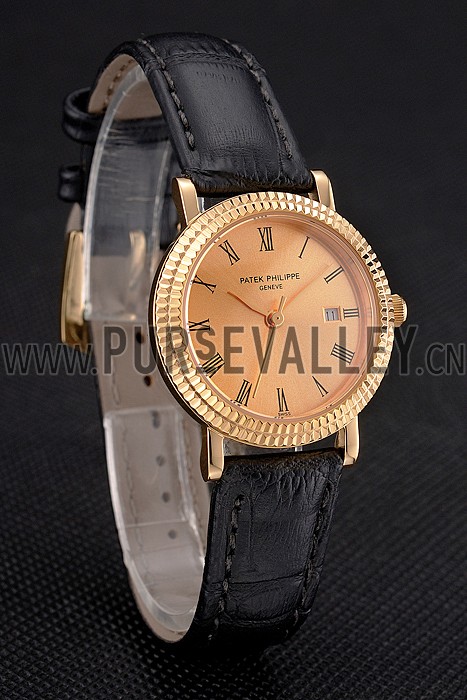 Patek Philippe Calatrava Gold Dial Roman Numerals Double Ribbed Bezel Gold Case Black Leather Strap