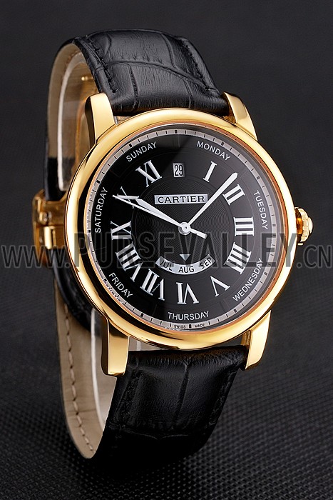 Swiss Cartier Rotonde Annual Calendar Black Dial Gold Case Black Leather Strap