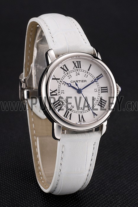 Cartier Ronde White Dial Stainless Steel Case White Leather Strap