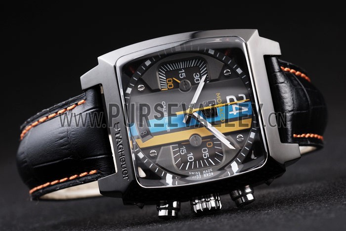Tag Heuer Swiss Monaco Black Leather Strap Blue-Yellow Striped Black Dial