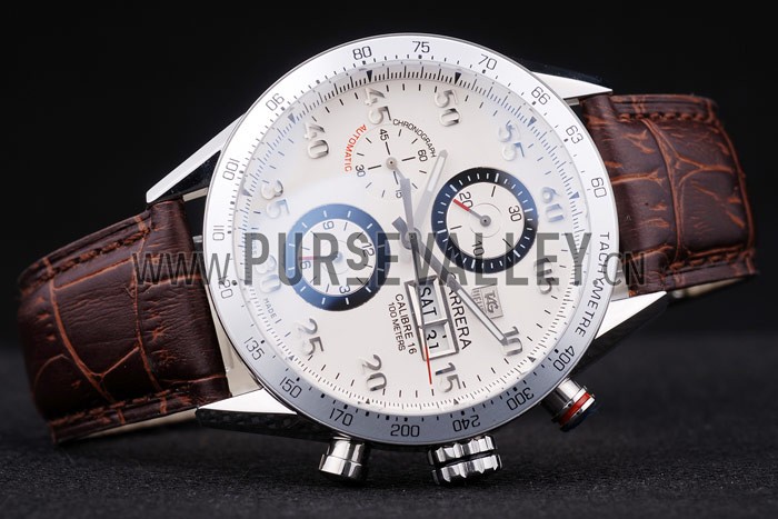 Tag Heuer Swiss Carrera Tachymeter Bezel Dark Brown Leather Strap White Dial