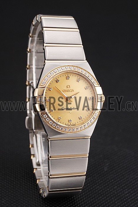 Swiss Lady Omega Constellation Crystal Encrusted Bezel Golden Dial 80293