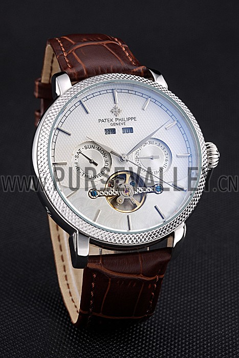 Patek Philippe Day Date Tourbillon White Dial Stainless Steel Case Embossed Bezel Brown Leather Strap 622837
