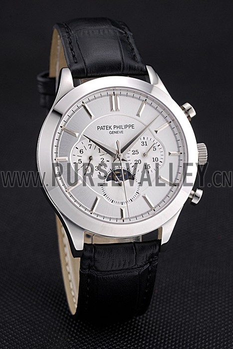 Patek Philippe Moonphase Chronograph White Dial Stainless Steel Case Black Leather Strap 622841