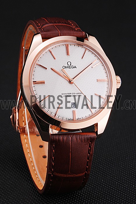 Swiss Omega DeVille Tresor White Dial Gold Case Brown Leather Strap 622846