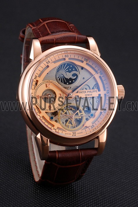 Patek Philippe Dual Time Moonphase Tourbillon Gold Skeletonised Dial Rose Gold Case Brown Leather Strap
