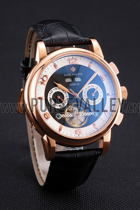 Patek Philippe Perpetual Calendar Tourbillon Black And White Dial Rose Gold Case Black Leather Strap