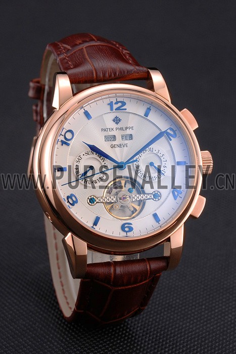 Patek Philippe Perpetual Calendar Tourbillon White Dial Rose Gold Case Brown Leather Strap