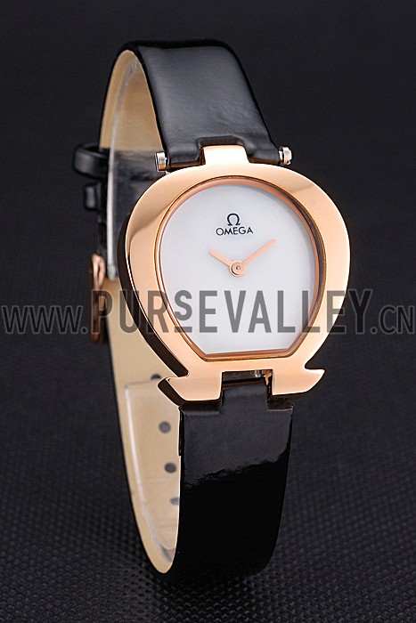 Omega Ladies Watch White Dial Gold Case Black Leather Strap 622820
