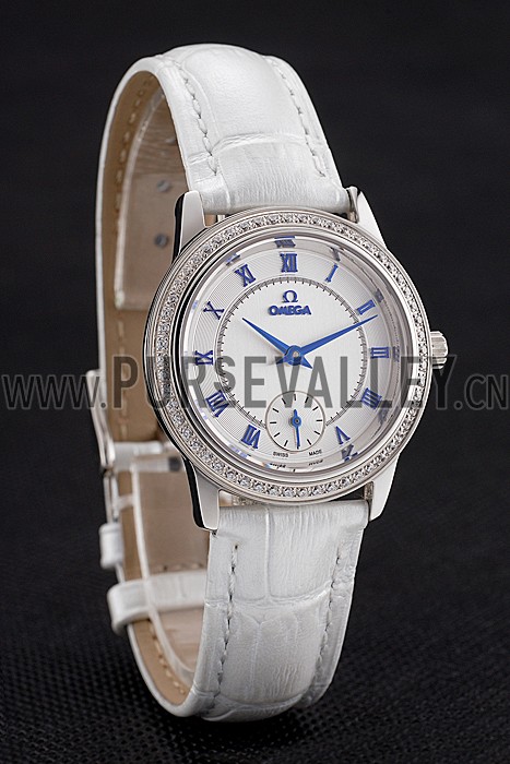 Omega De Ville Prestige Small Seconds White Dial Diamond Bezel Stainless Steel Case White Leather Strap