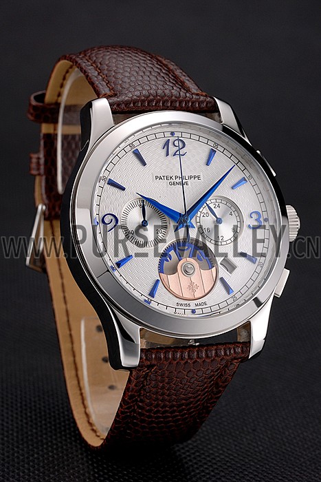 Patek Philippe Chronograph White Guilloche Dial Blue Hands Stainless Steel Case Brown Leather Strap