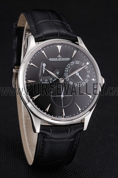Swiss Jaeger LeCoultre Master Ultra Thin Reserve De Marche Black Dial Stainless Steel Case Black Leather Strap