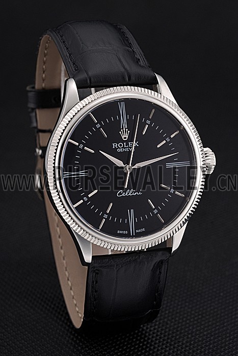 Swiss Rolex Cellini Time Silver Case Black Dial Black Leather Bracelet 622654