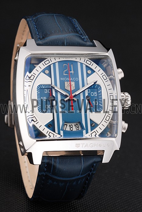 Tag Heuer Monaco 24 Calibre 36 Chronograph Blue And Grey Stripes Dial Blue Leather Strap 622273