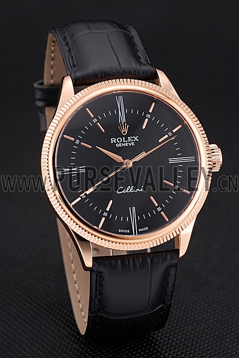 Swiss Rolex Cellini Time Rose Gold Case Black Dial Black Leather Bracelet 622656