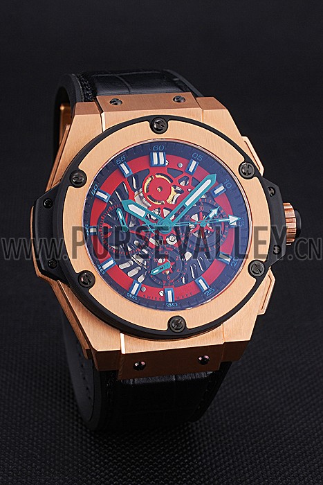 Swiss Hublot Big Bang Limited Edition Black And Red Dial Gold Case Black Leather Strap 62289