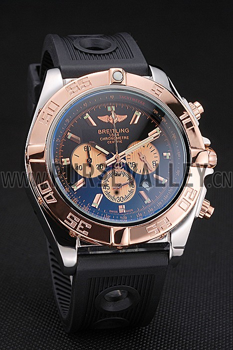 Breitling Chronomat Black Dial Rose Gold Bezel And Subdials Stainless Steel Case Black Rubber Strap